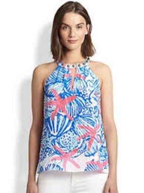 Lilly Pulitzer "She She Shells" silk halter top blue and pink sz.M